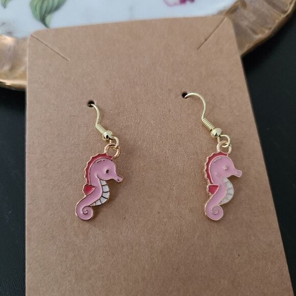 Hand Crafted Jewelry - New Handcrafted Pink Enamel Seahorse on 14K Gold Plated Hooks